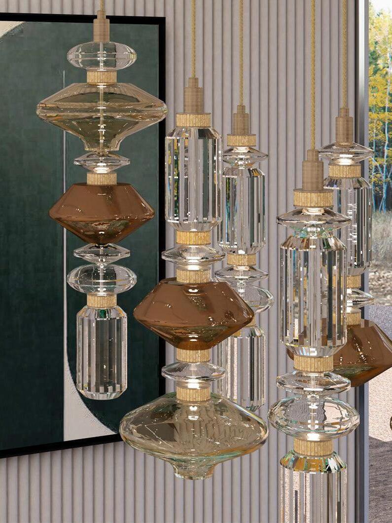 Clear ribbed and smoky angular glass pendant details