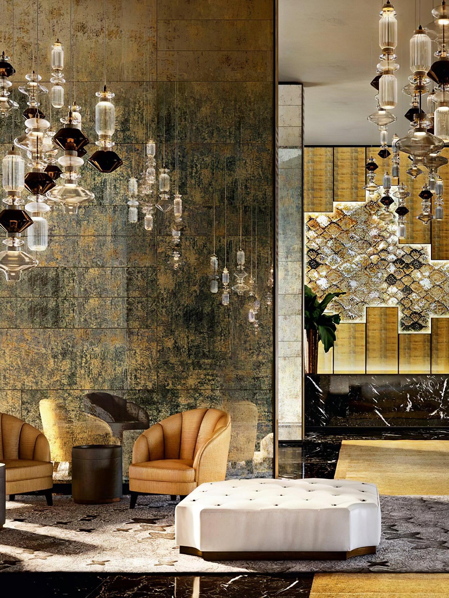 Several glass pendant shapes in an open sitting room