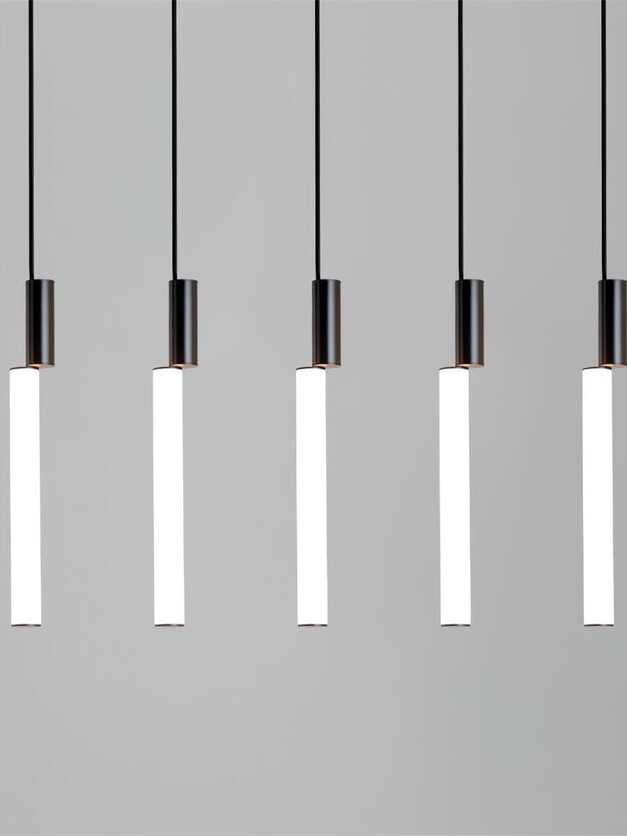 Five black-top luminous rods below straight ceiling bar