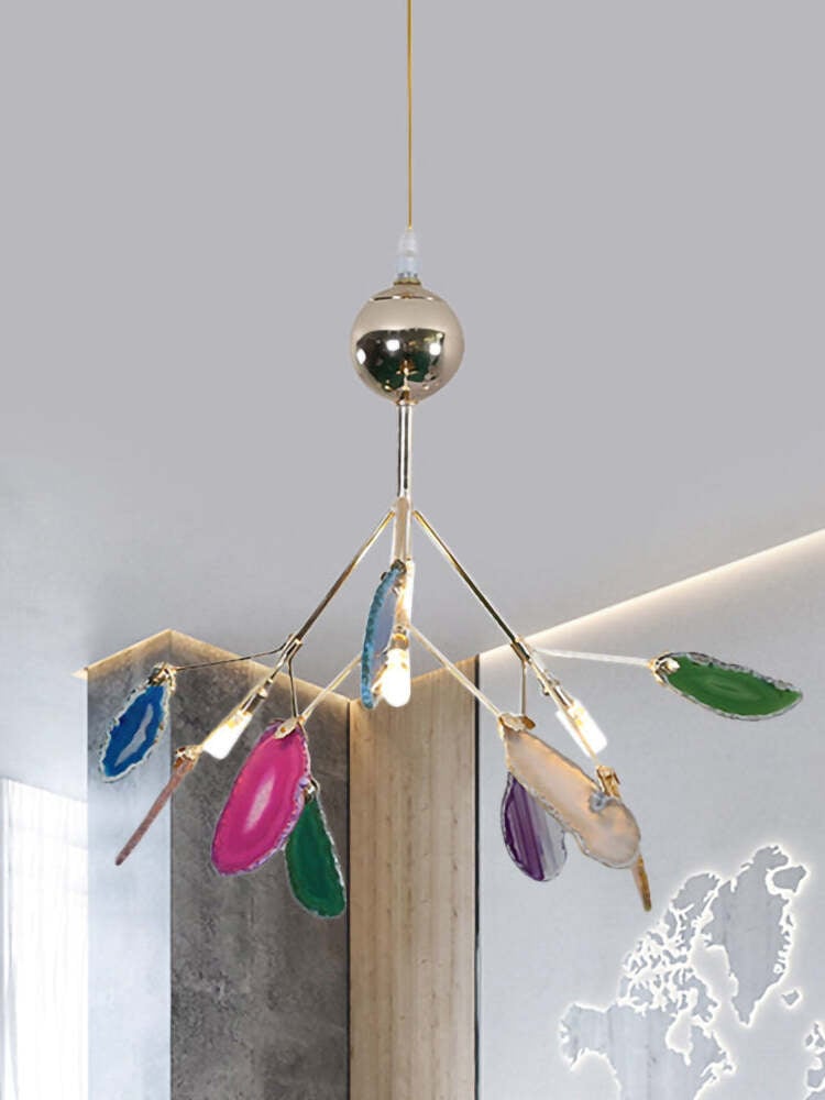 Small gold-coloured branching chandelier with multicoloured stone slices