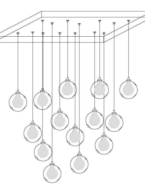 Line drawing of fourteen globes below long canopy