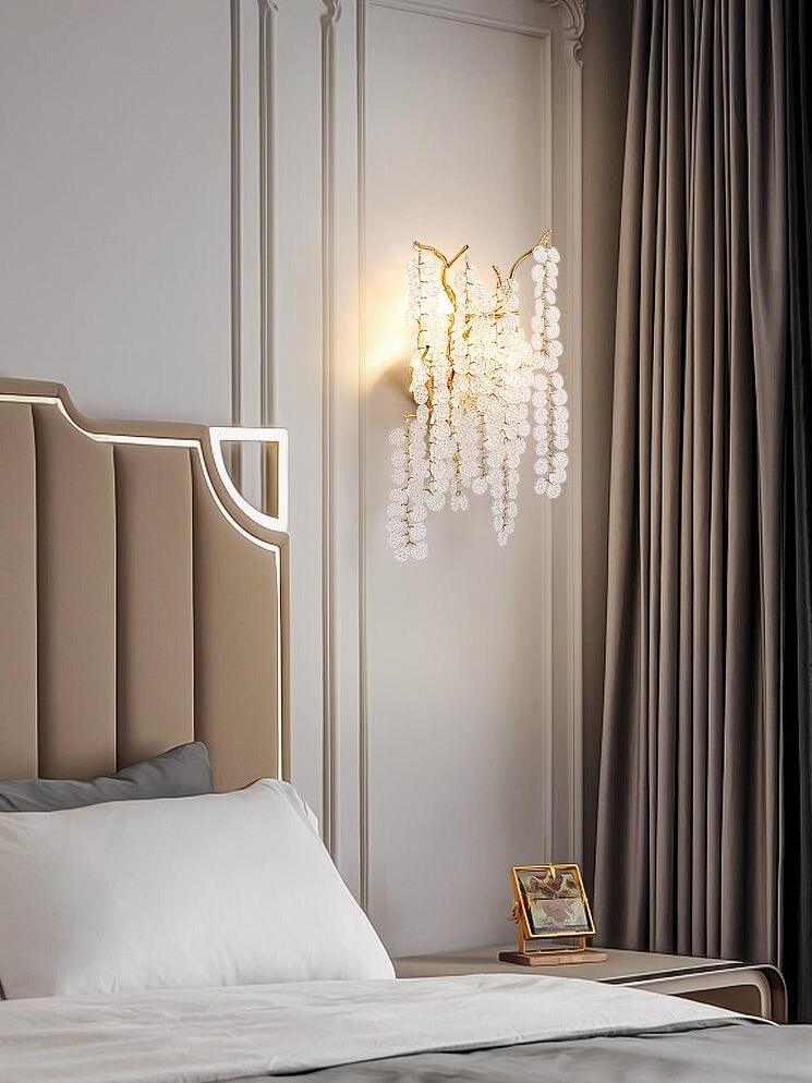 Clear-disc strands beside a bedroom curtain