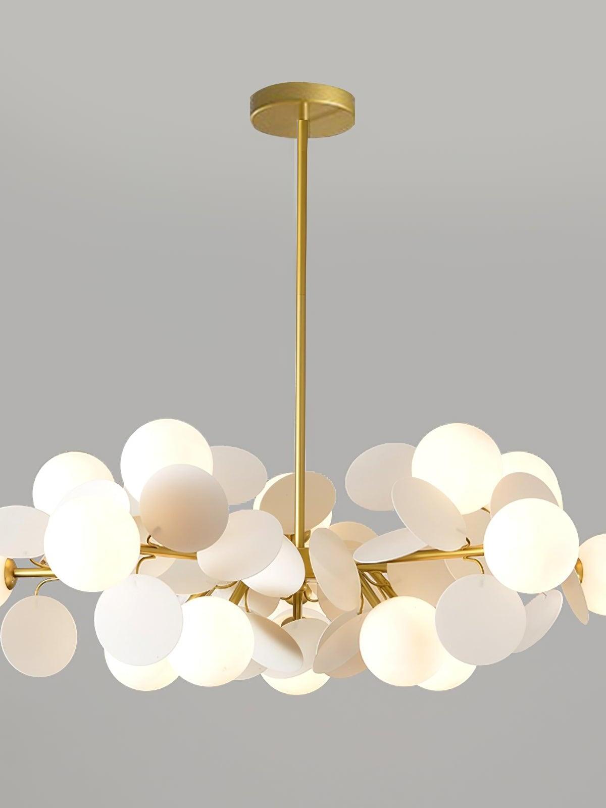 Illuminated White globe and disc chandelier