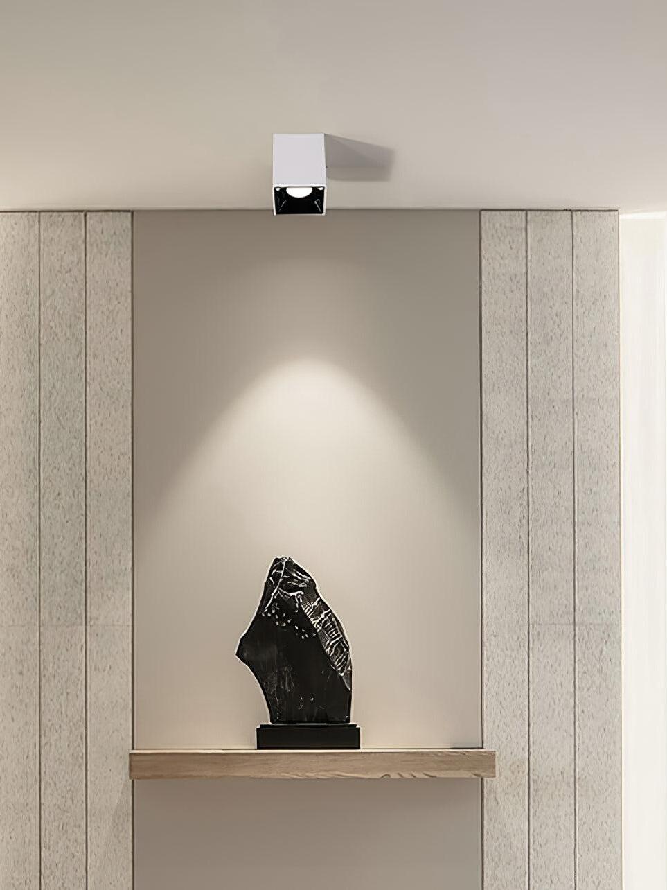 White ceiling spotlight casting light onto a black sculpture on a wooden shelf in a wall recess