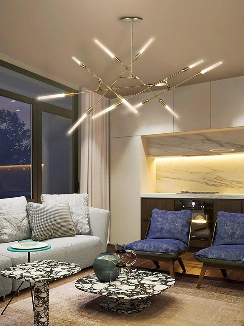 Gold branch chandelier in a softly lit lounge
