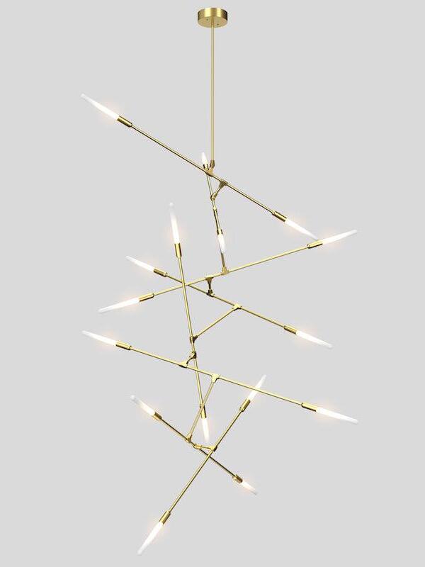 Gold-coloured Dawn chandelier with branches stacked in a tall angular composition