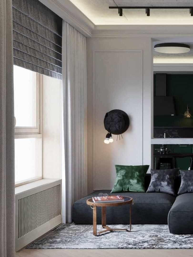 Dark bulldog wall fixture in a living room