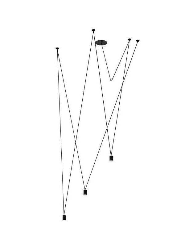 Line drawing of three terminal lights at different heights beneath angular suspension lines