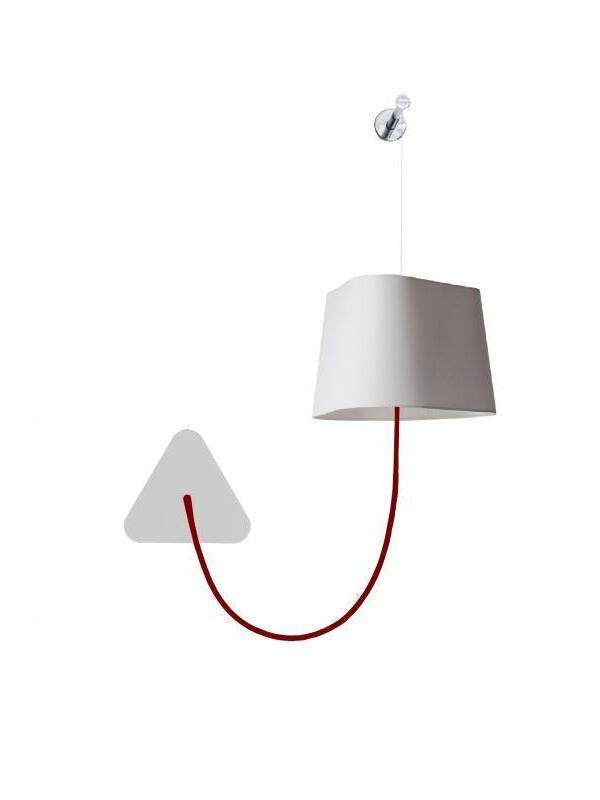 White tapered shade and triangular wall plate with a looped red cord