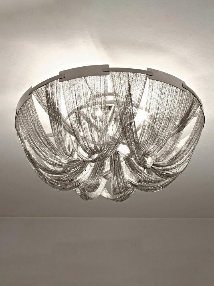 Silver chain drape ceiling light with bulbs visible