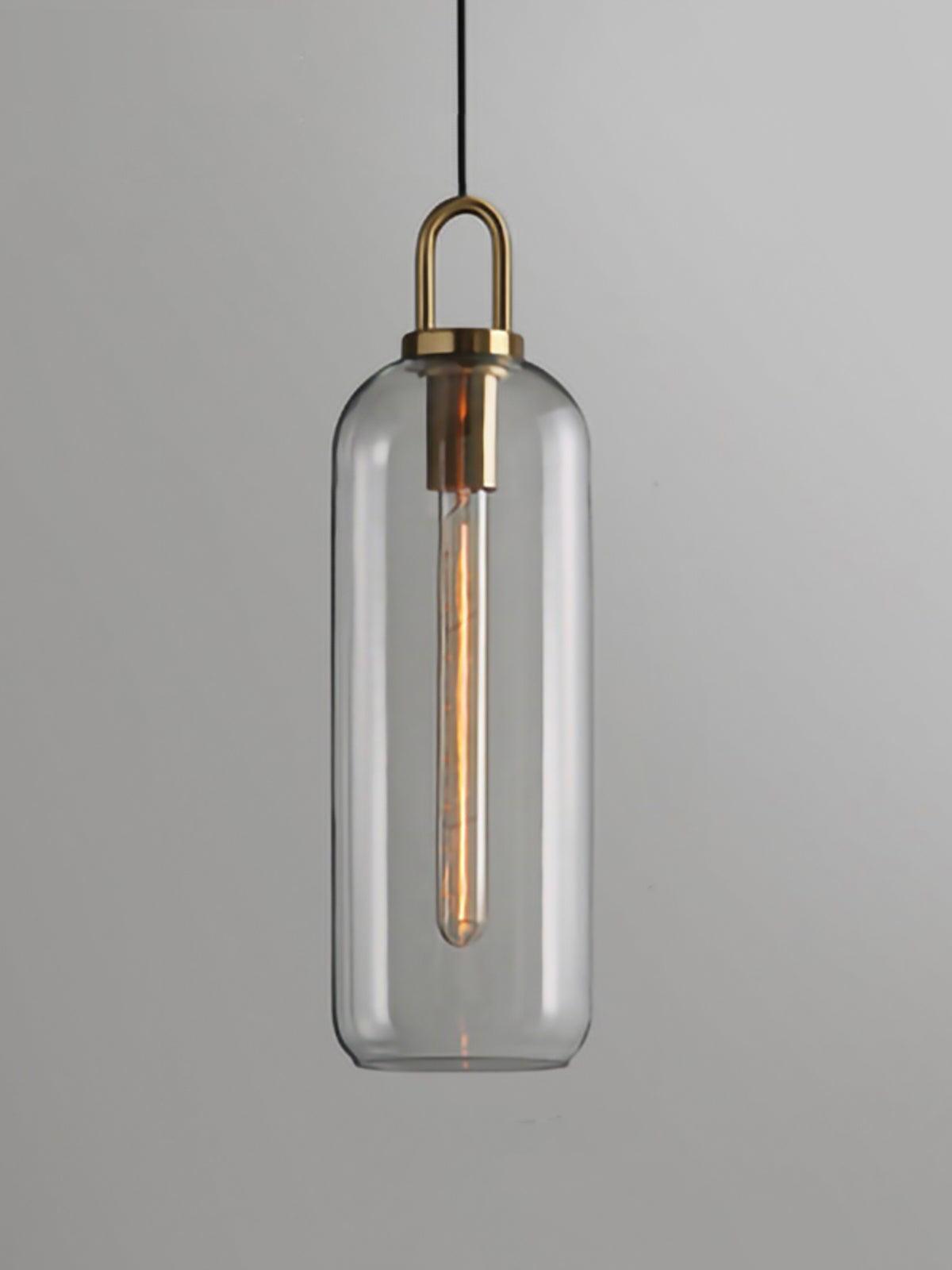 Long clear capsule glass pendant with a tall loop-shaped top fitting