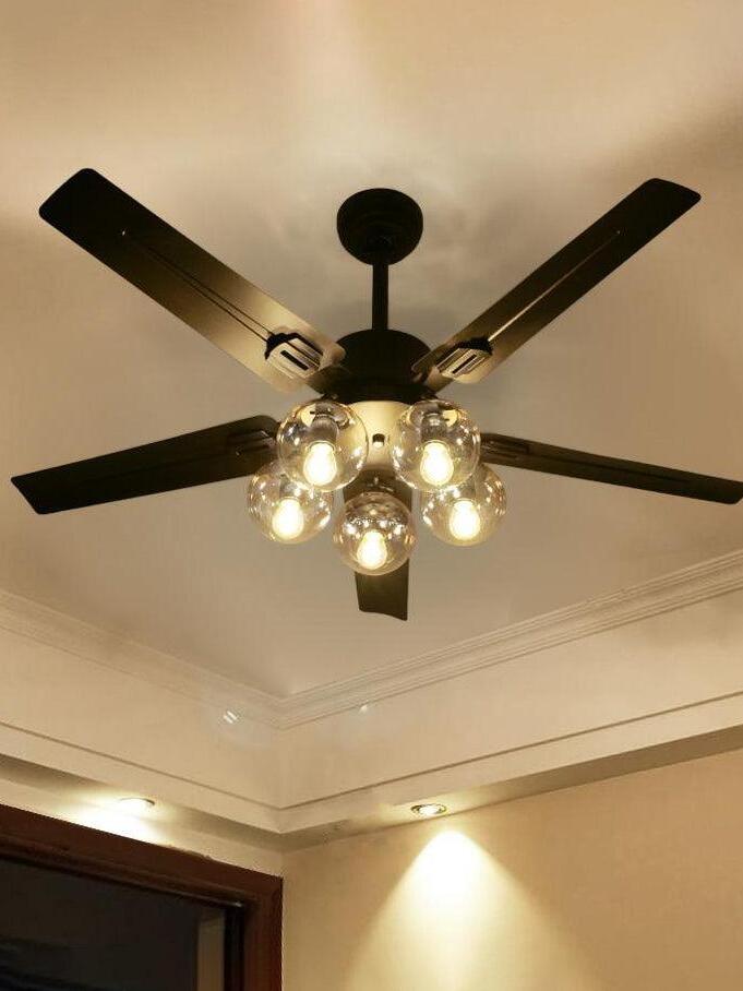 Underside view of five blades and illuminated globes
