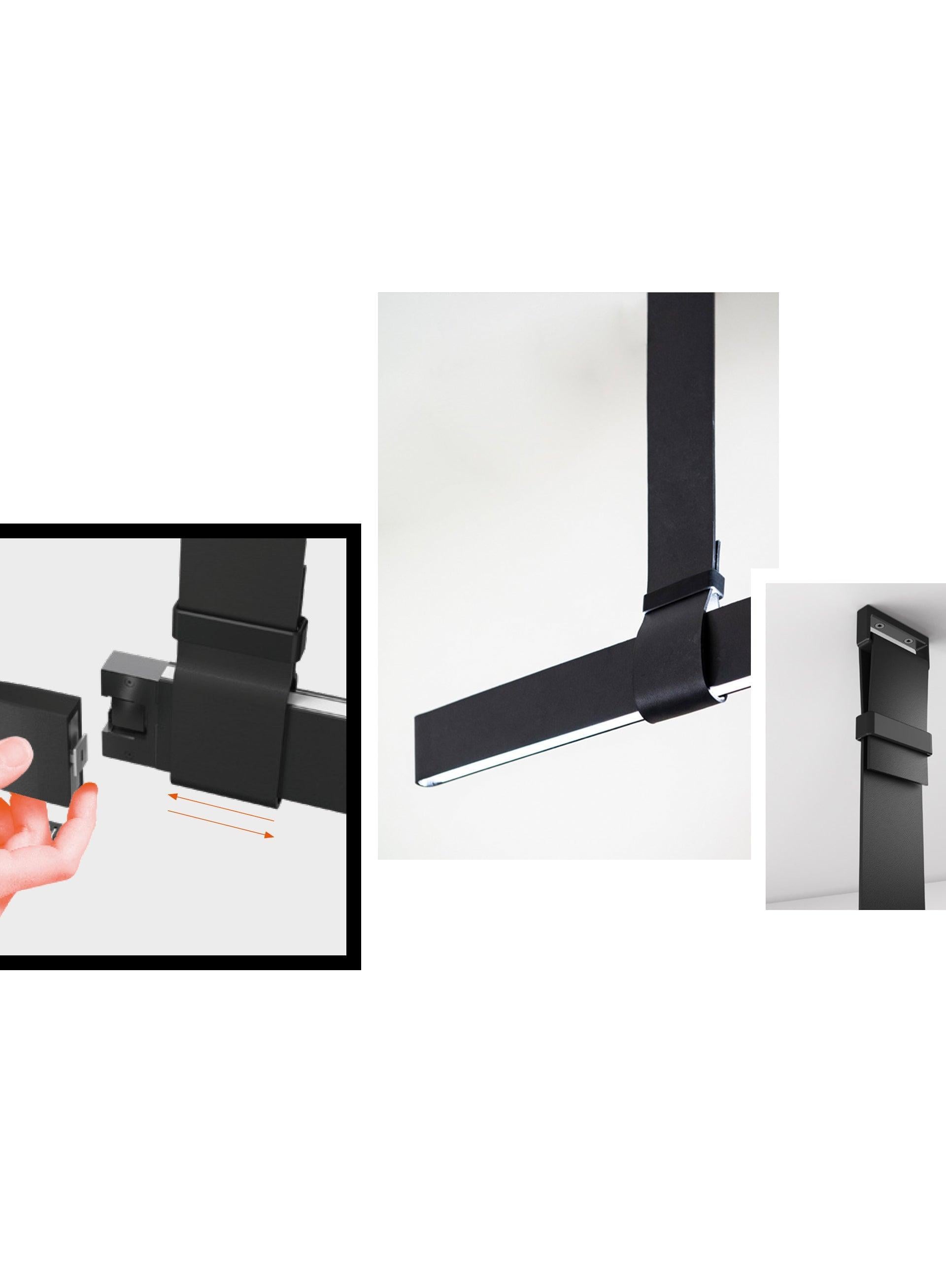 Three-panel collage showing black bar ends joining by hand, a strap loop around the light bar and a ceiling fastening detail