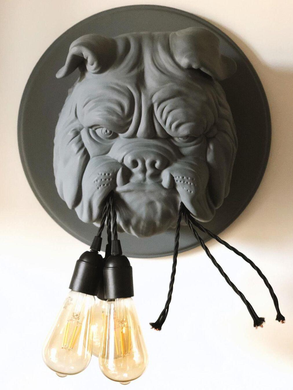 Grey bulldog face with glowing filament bulbs