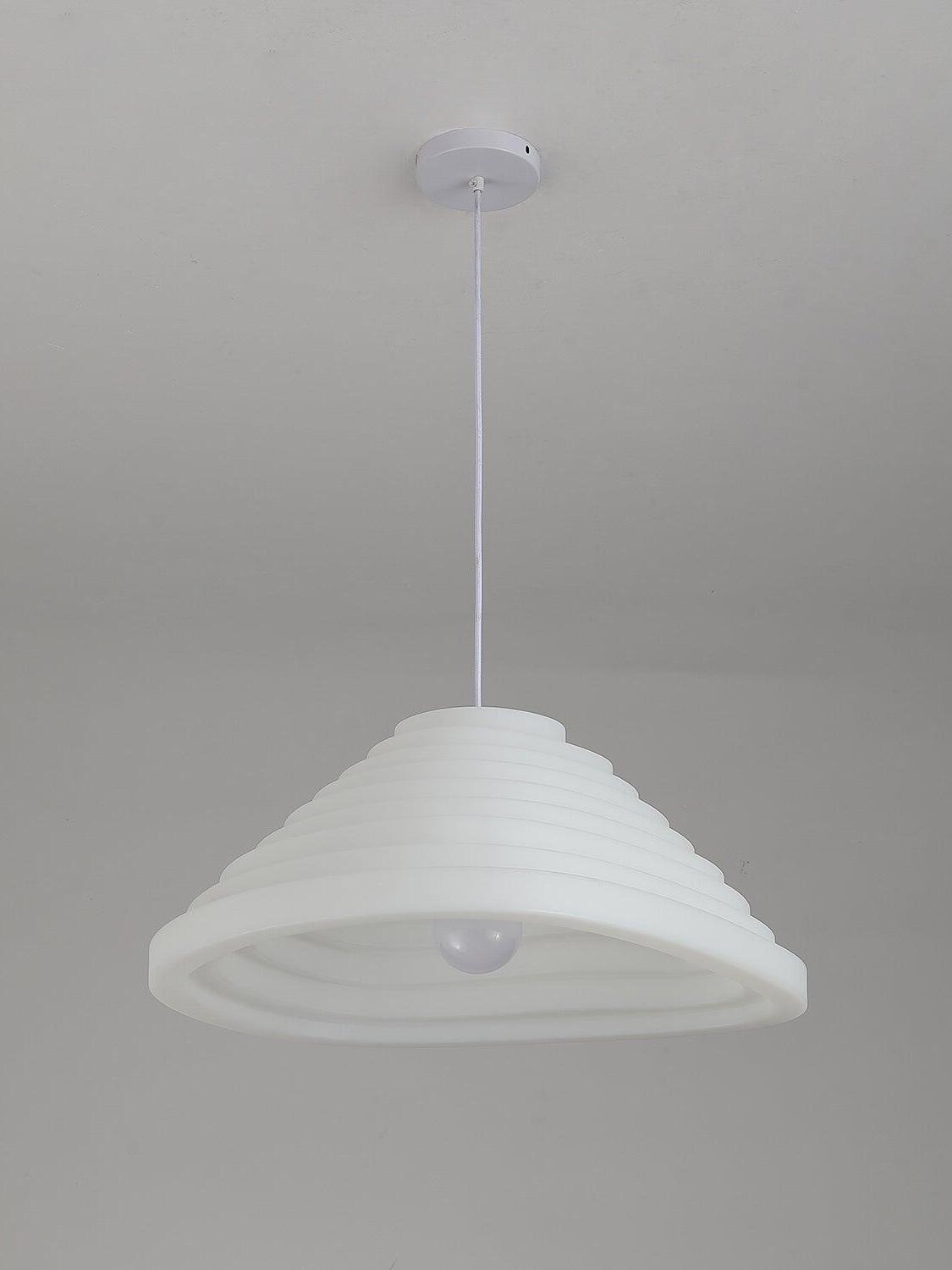 Unlit round stepped pendant with an exposed bulb underneath and a circular white ceiling canopy.