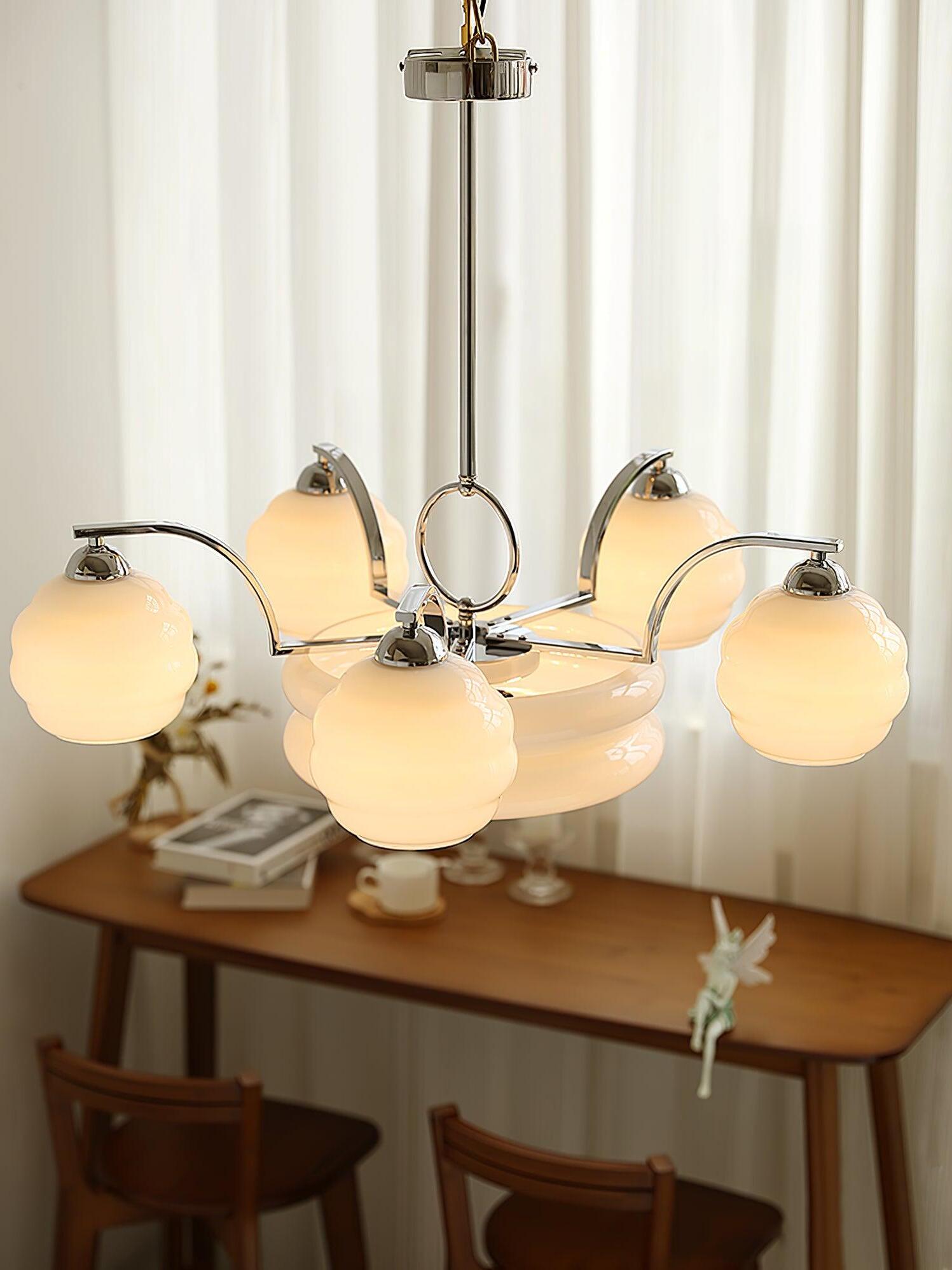White glass chandelier viewed at an angle