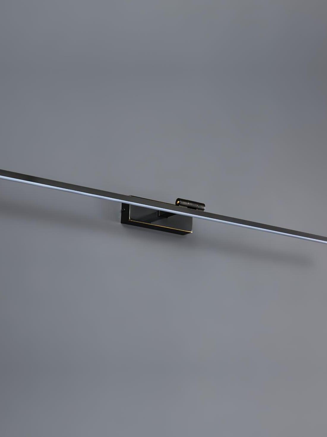 Unlit black linear wall light with pale underside strip, dark rectangular wallplate and cylindrical central joint