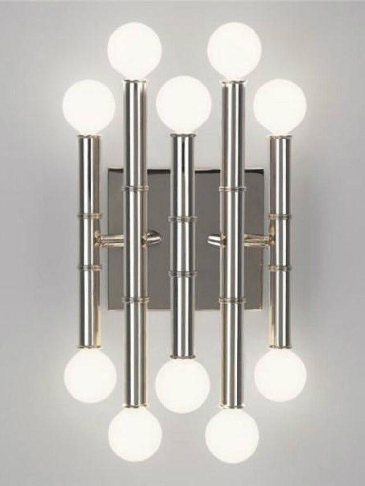 Meurice Chrome option: five staggered silver stems with ten white globe bulbs on a rectangular wall backplate