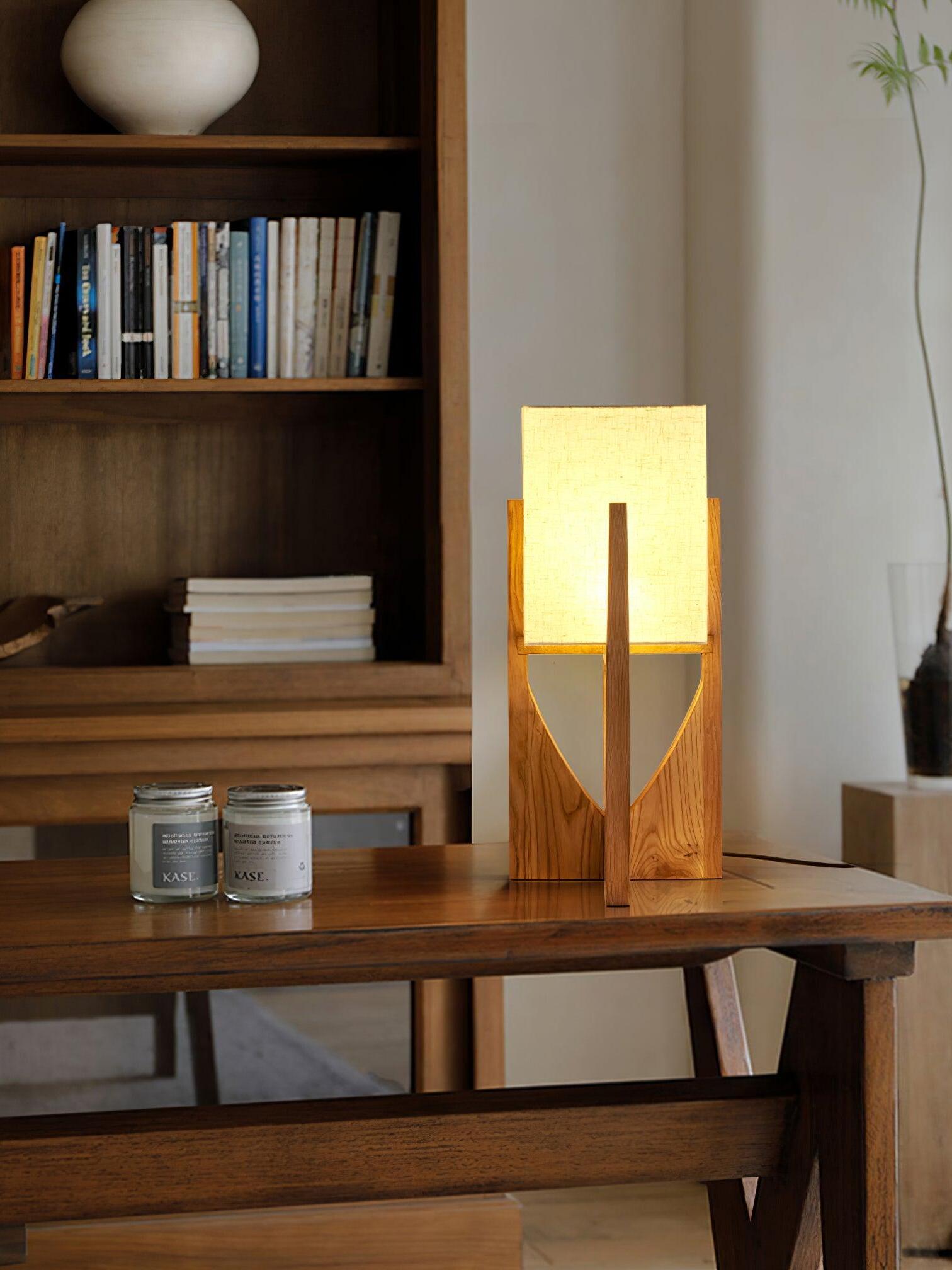 Short wood frame lamp on a table