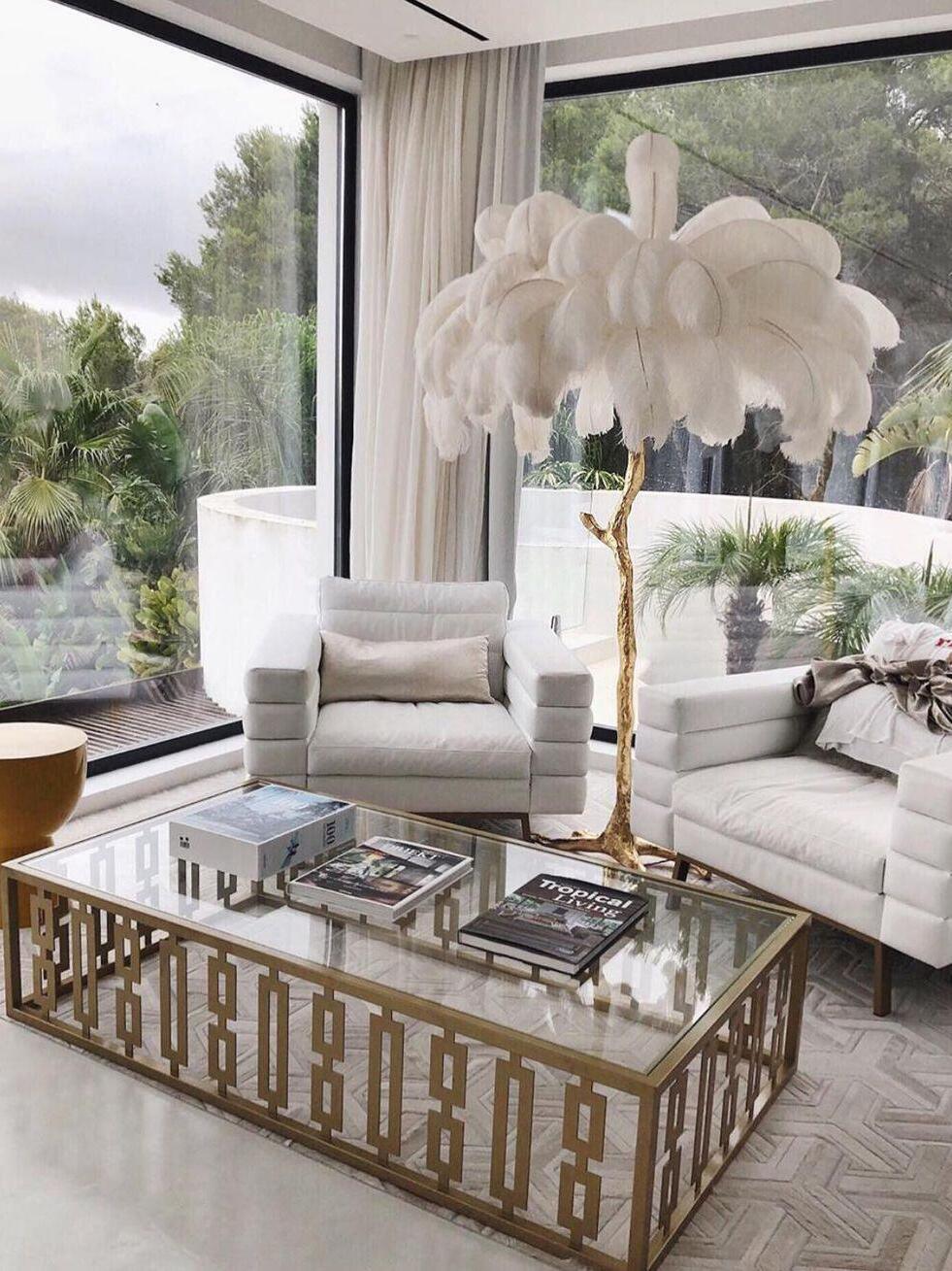 Art Deco Brass Ostrich Feather Floor Lamp - Cueteks