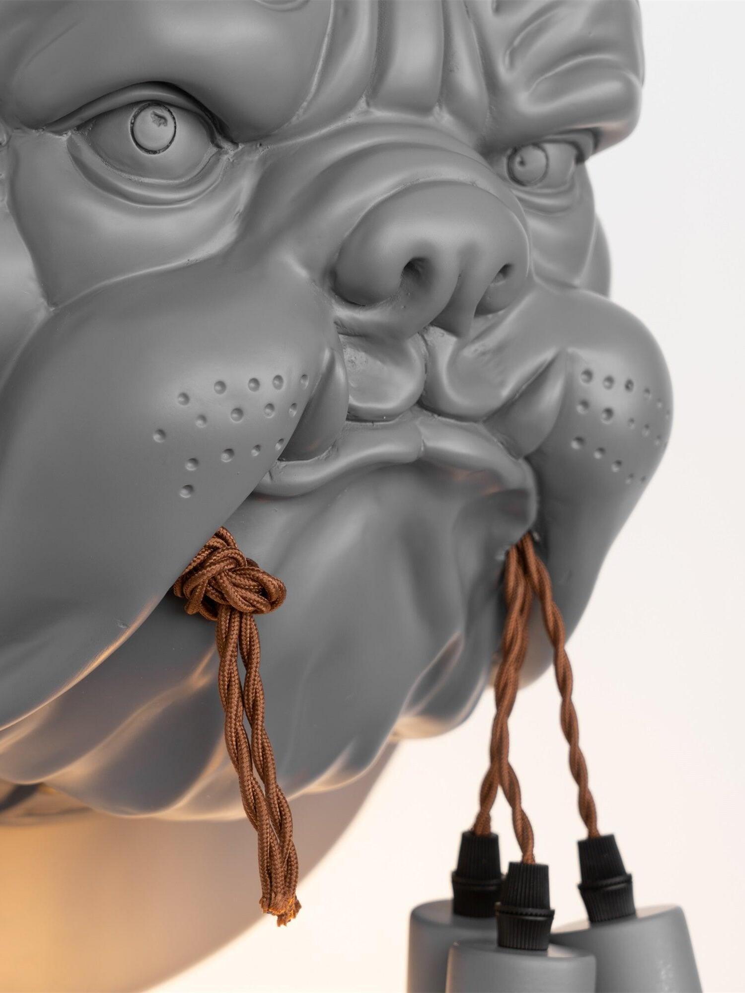 Close-up of grey bulldog muzzle and hanging cords