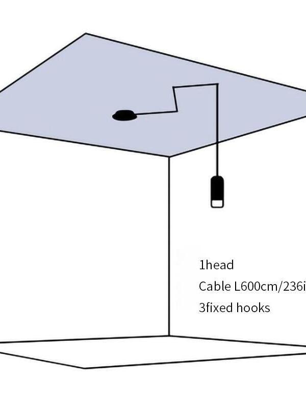 Single-head ceiling-routing diagram marked cable L600 cm and 3 fixed hooks