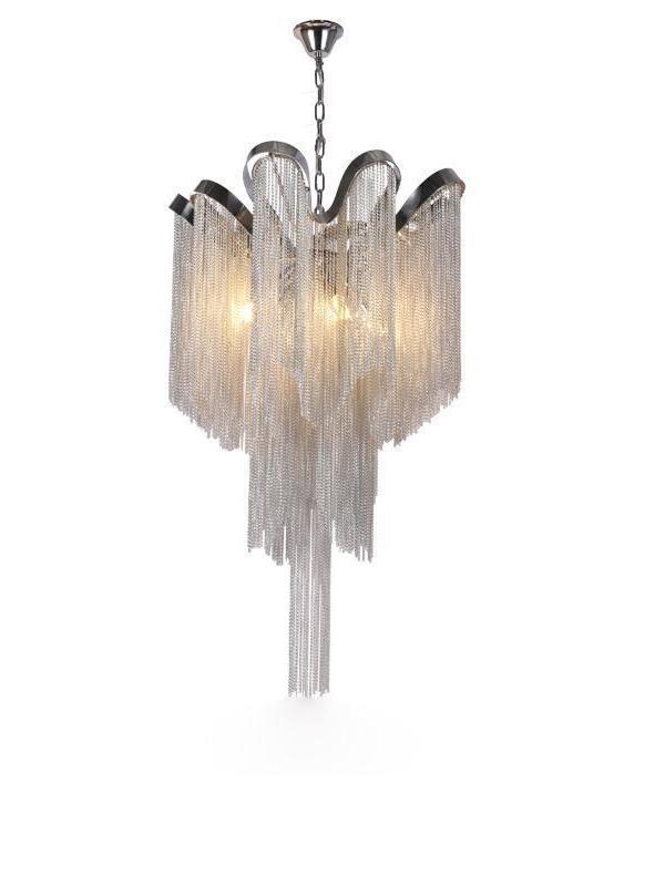 Silver-coloured Stream chandelier with wavy rails and a long central chain tassel
