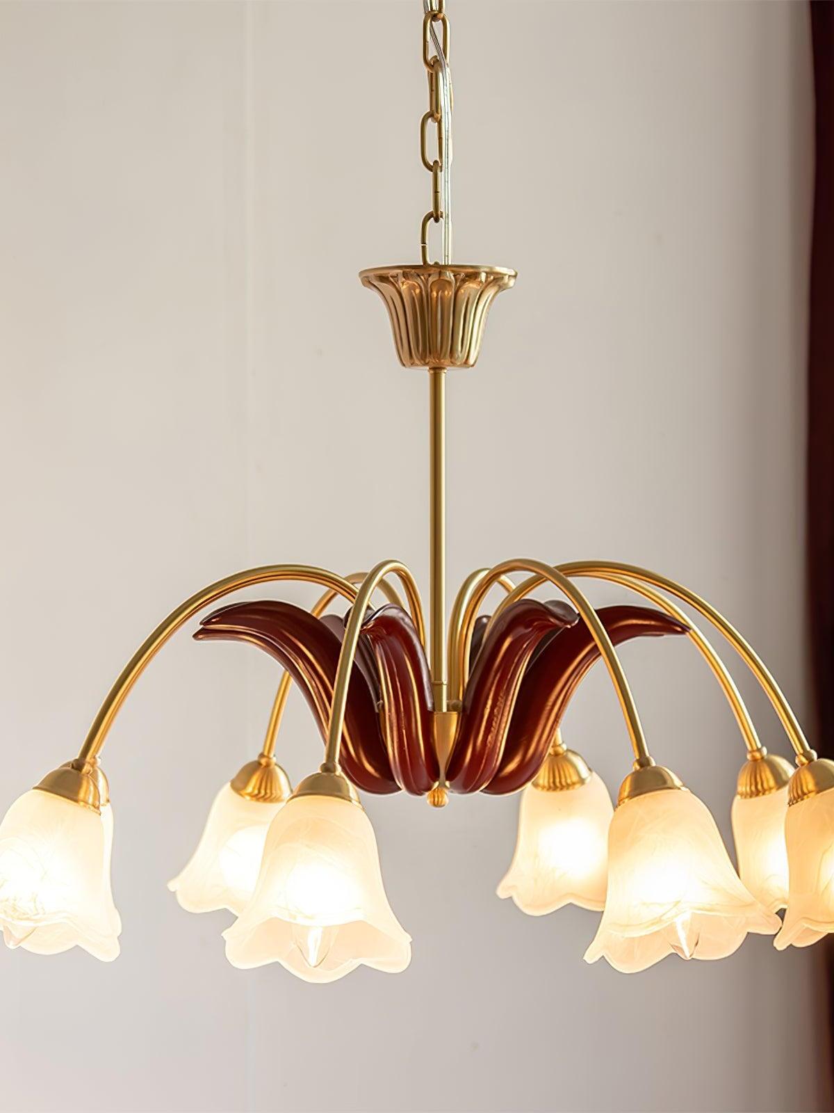 Ten-light floral chandelier beneath ceiling canopy