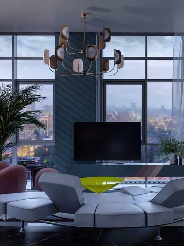 Tiered LEAF chandelier in a window-side living room