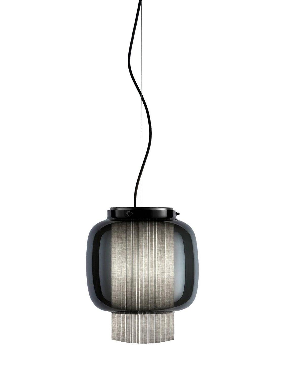 Smaller Black and smoke-grey Manila T pendant with a pleated fabric cylinder visible through and below the glass