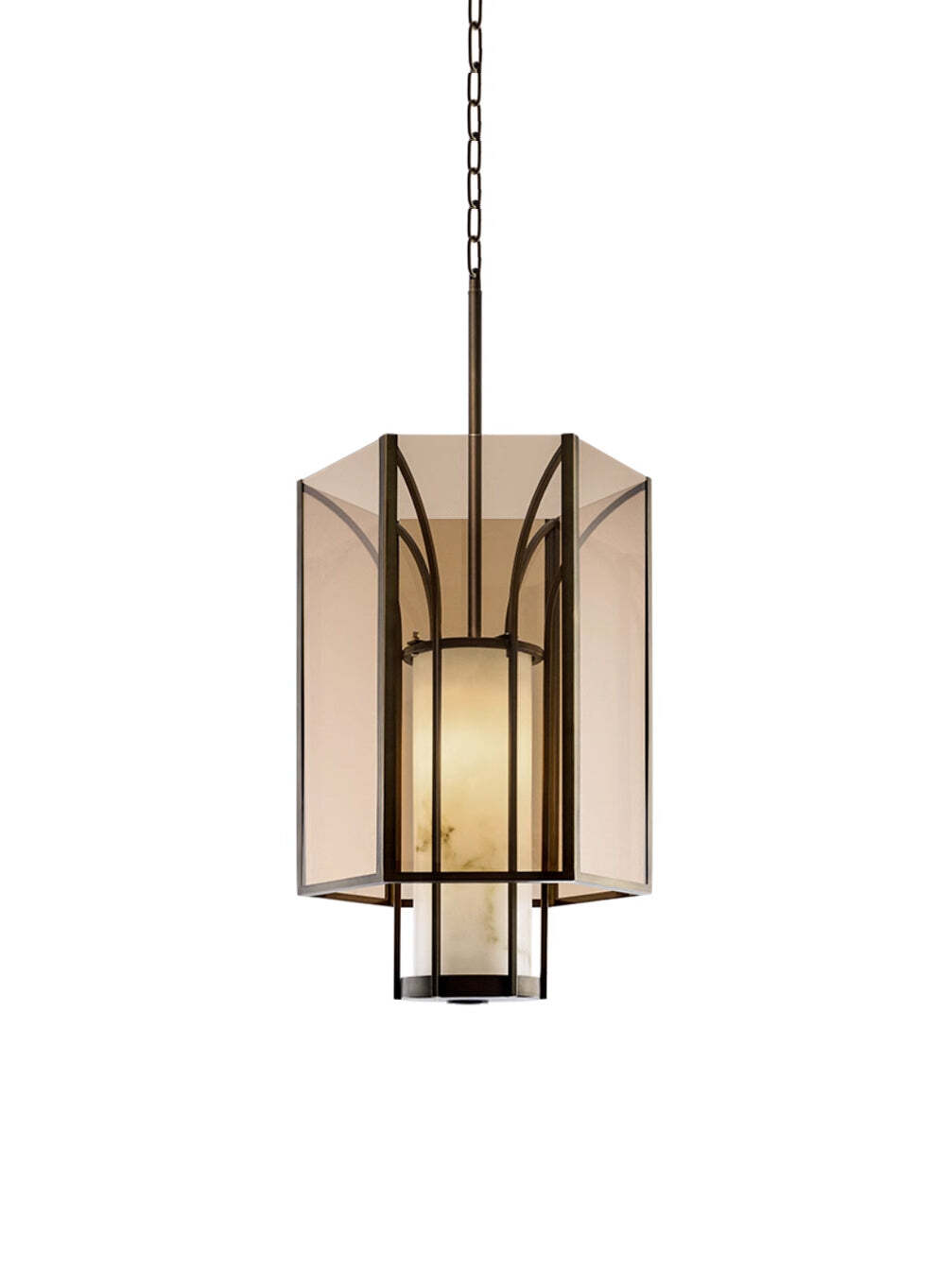 Single amber-glass lantern pendant on white background