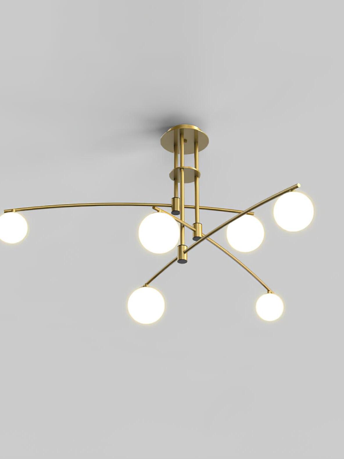 Gold Long Arm chandelier with six white glass globes on crossing curved arms