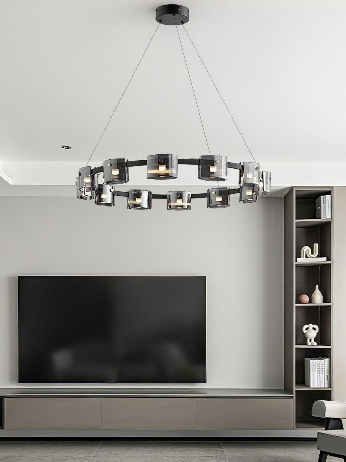Black glass ring chandelier in a television room