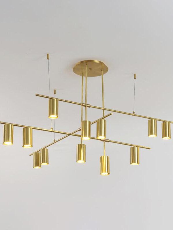 Gold-coloured twelve-head crossed-bar chandelier