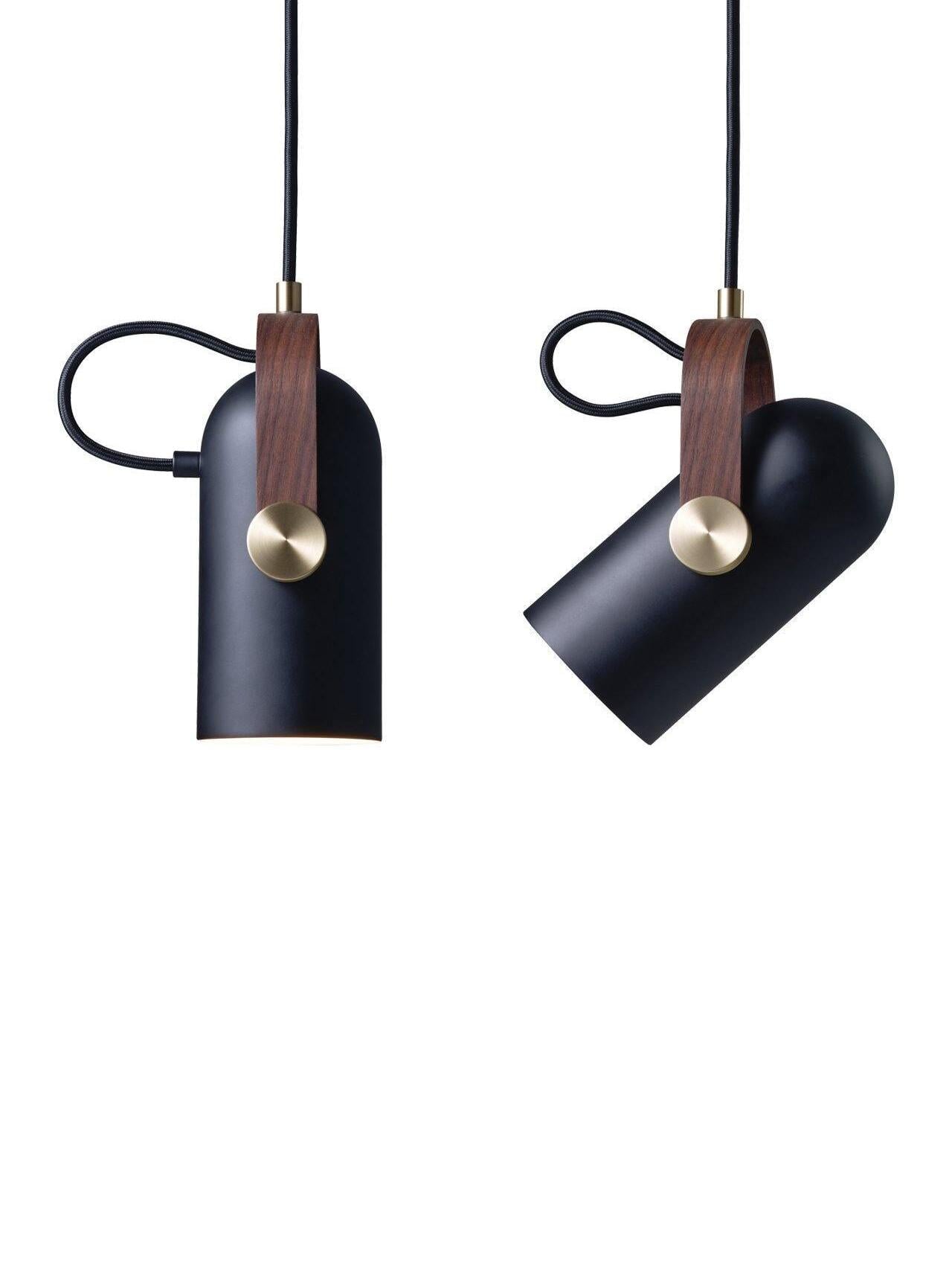 Black pendant heads shown vertical and tilted side by side, with dark wood brackets, gold-tone pivots and cable loops