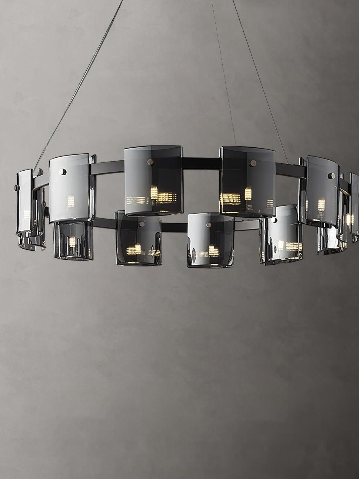 100 cm Black Corlota chandelier with an open circular frame and smoky curved glass