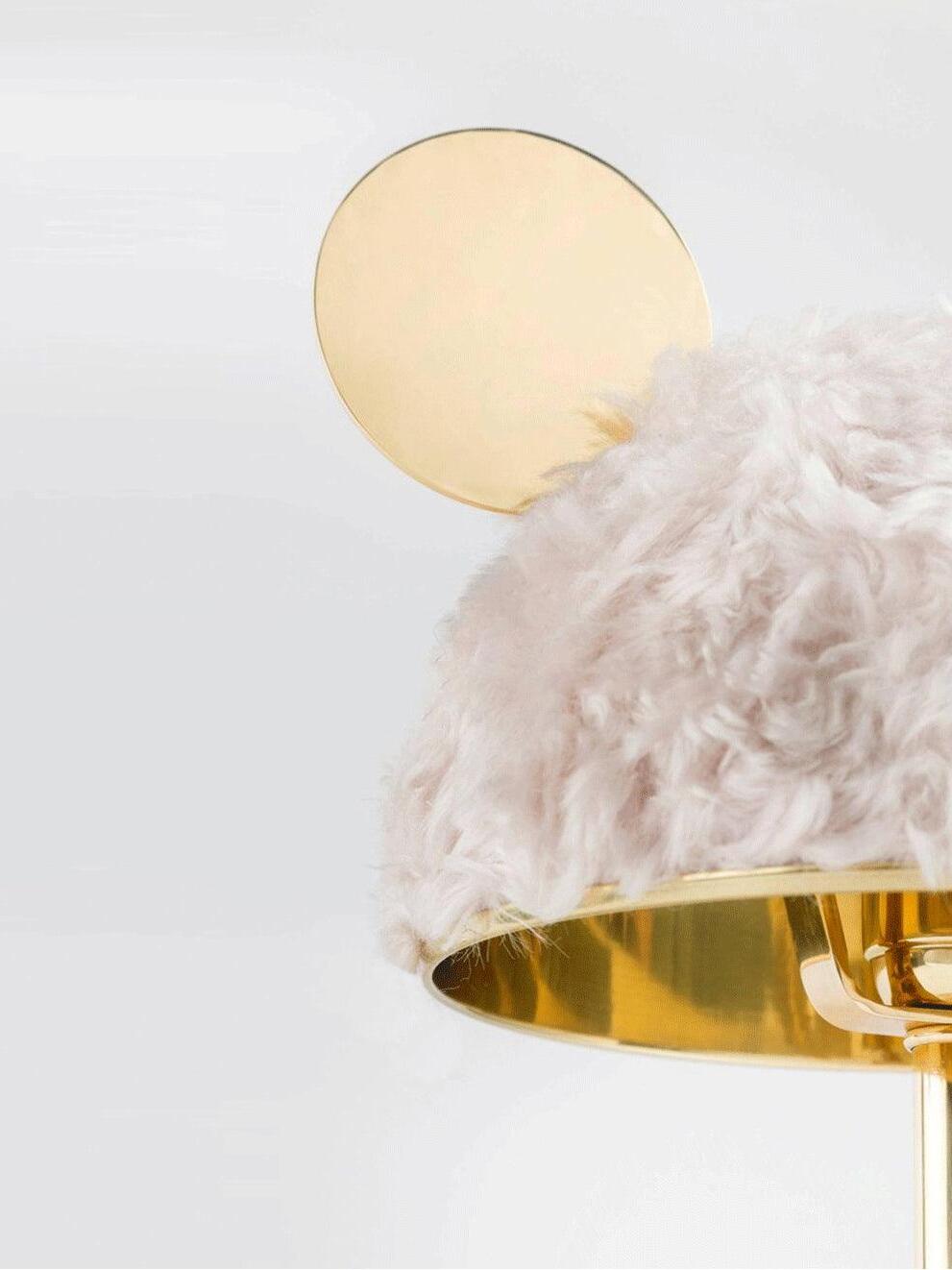 Close round gold-tone disc beside pale plush texture and reflective shade underside