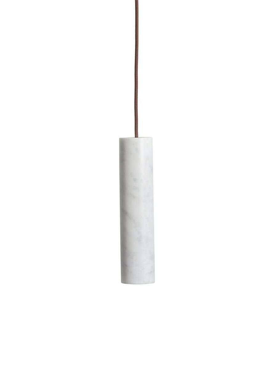 Single white Silo pendant with faint stone veining and a brown suspension cord