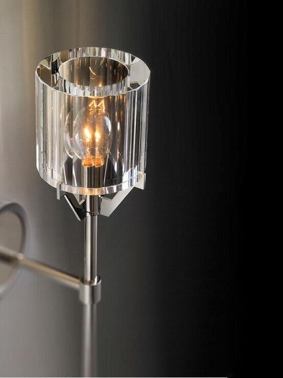 Close-up of clear facets, bulb and Chrome shade supports