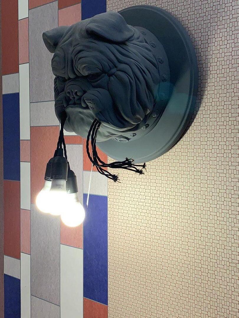 Lit grey bulldog wall sconce viewed from the side