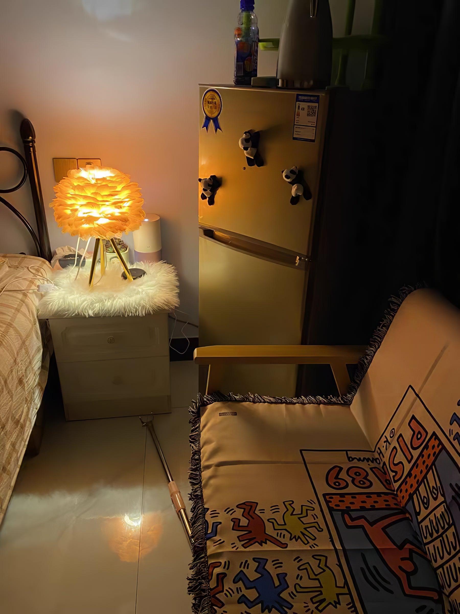 Warm feather lamp in bedroom corner