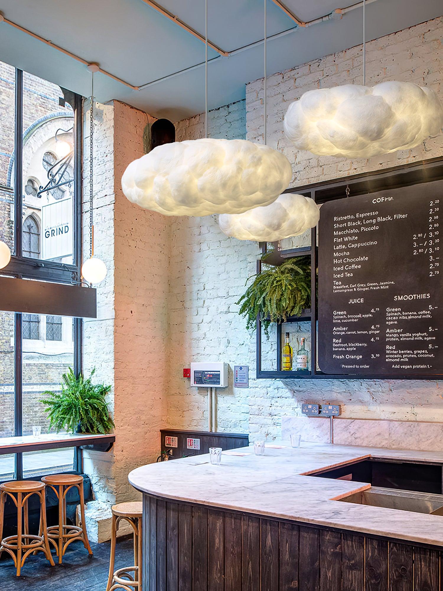 Cloud pendants above a cafe counter