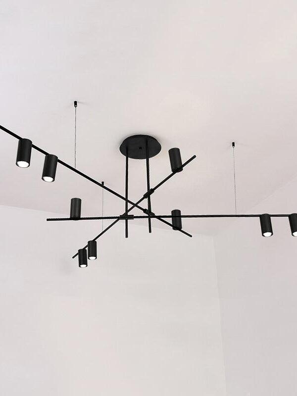 Black crossed-bar chandelier with nine visible heads