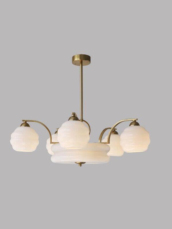 70 cm gold-finish chandelier with white glass shades around a broad central bowl