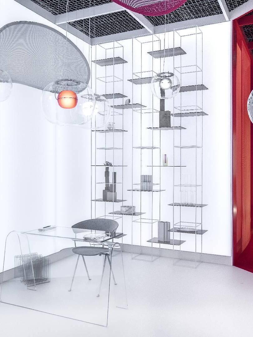Red-centred pendant in a bright display room