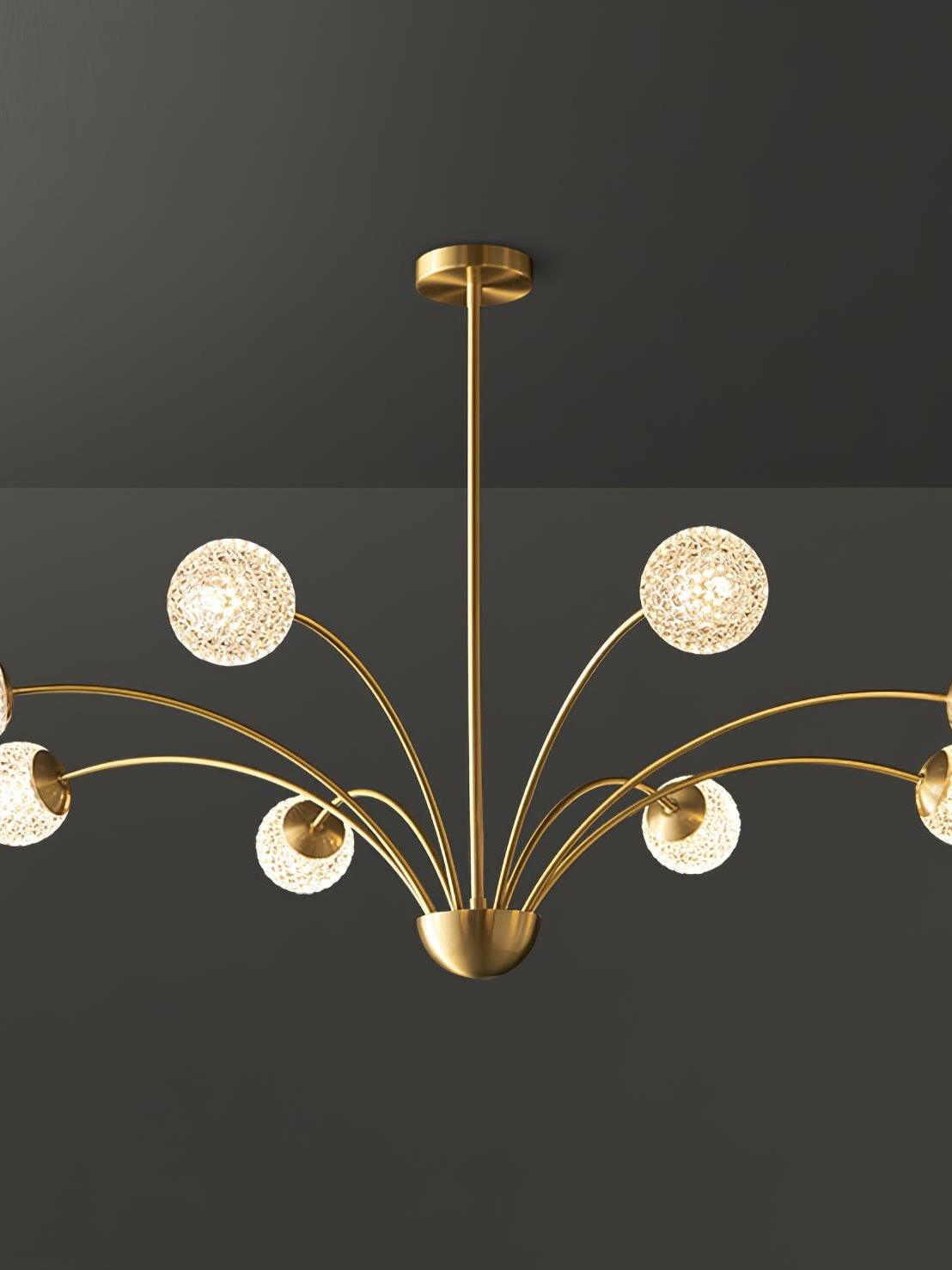 Textured-globe curved-arm chandelier with outer globes cropped at the sides and a brass-tone bowl hub