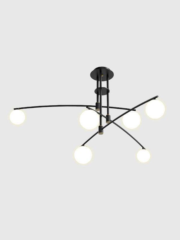 Black Long Arm chandelier with six white glass globes on crossing curved arms