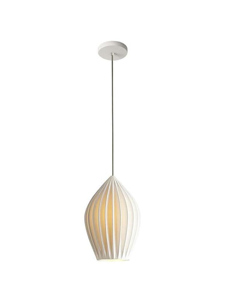 Single illuminated white ceramic pendant with a ribbed shade and round ceiling canopy