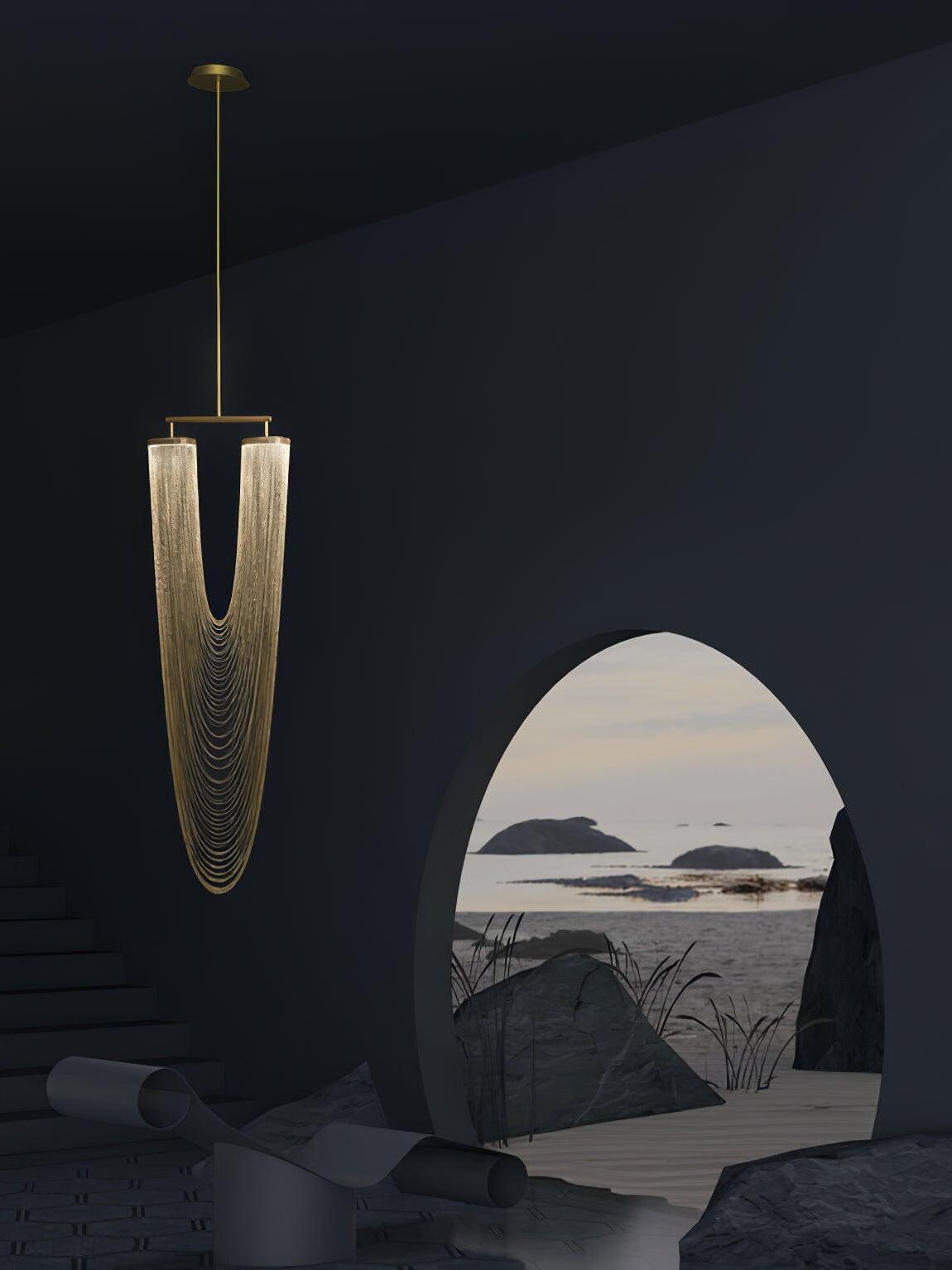 Long-rod chain pendant beside an arched opening