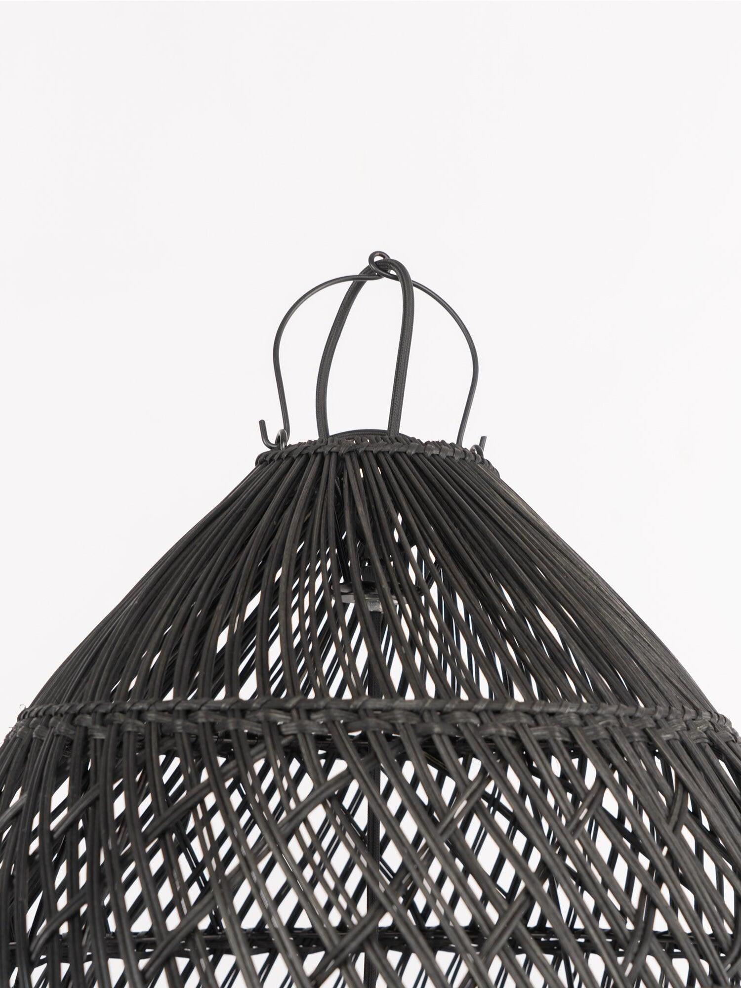 Black basket shade with an open wire loop